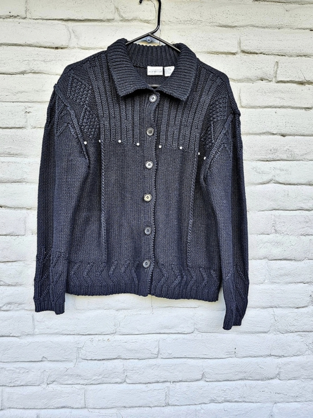 Newport News Jeanology Collection Textured Knit Cardigan Black With Rhinestones